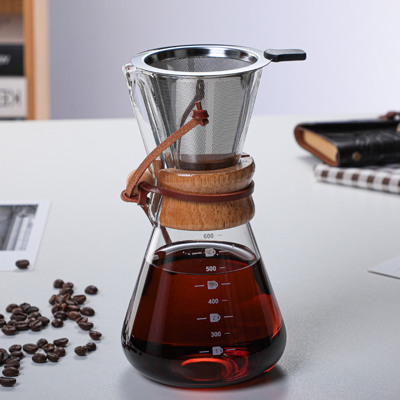 Manual Glass Coffee Dripper Brewer Hand Drip with Wood Sleeve Pour Over Coffee Maker With Stainless Steel Filter