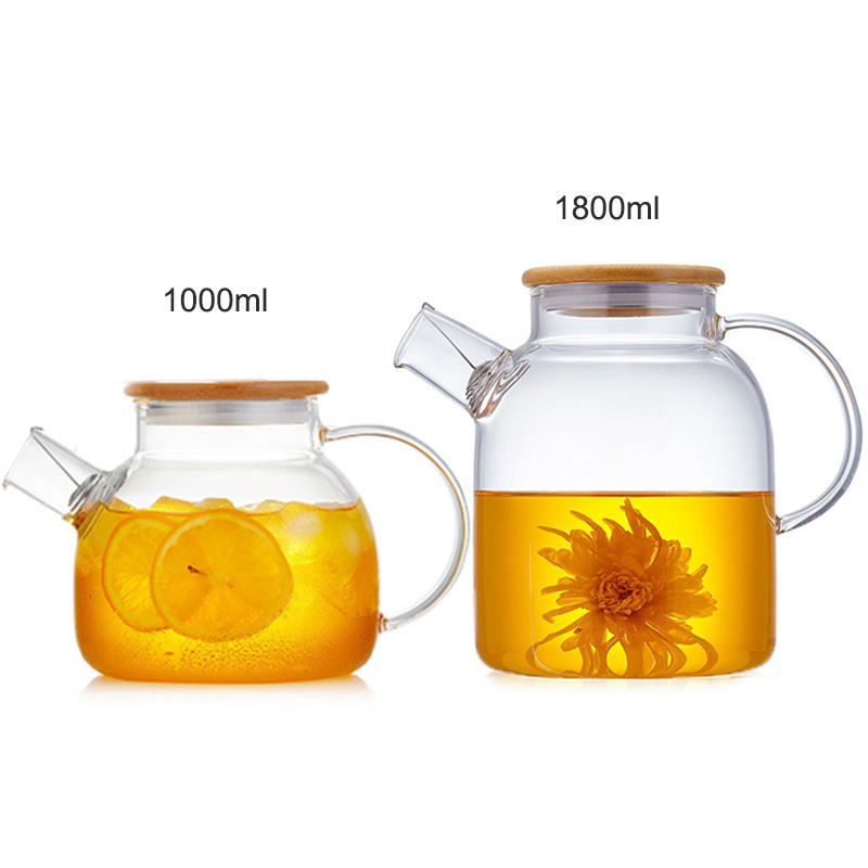 1000ml 1800ml Eco-friendly borosilicate glass teapot with handle and bamboo lid