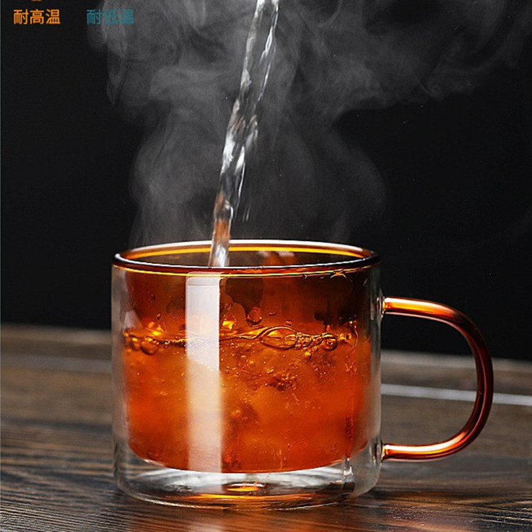 Hot sale high quality borosilicate double wall glass drinking coffee cups colored double wall glass cup mug with handle