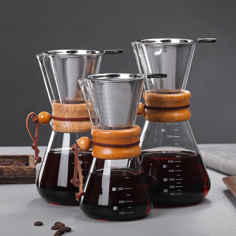 Manual Glass Coffee Dripper Brewer Hand Drip with Wood Sleeve Pour Over Coffee Maker With Stainless Steel Filter