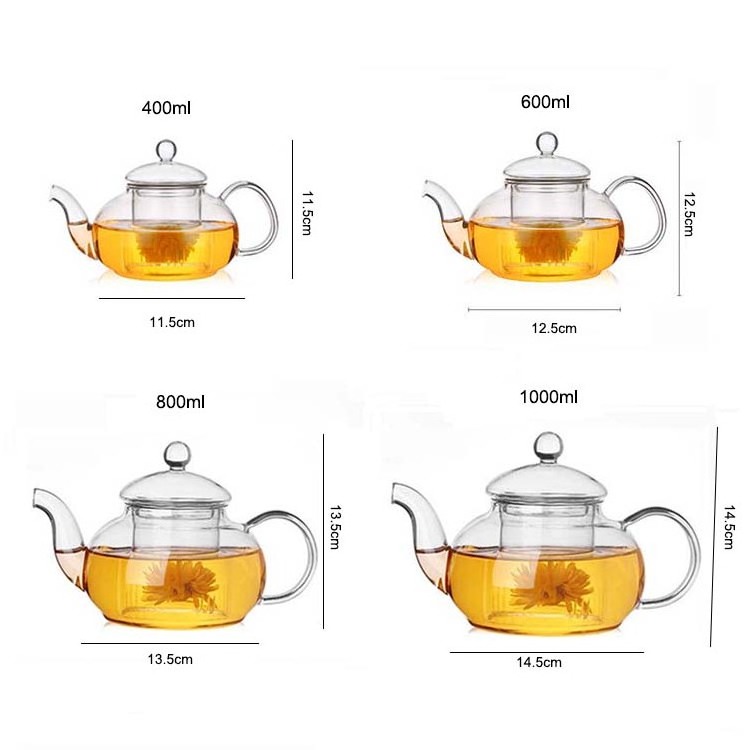 Hot selling 400ml 600ml 800ml 1000ml  heat resistant glass teapot with strainer flower pot glass tea pot with infuser