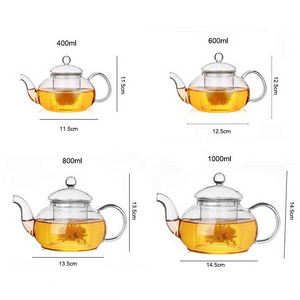 Hot selling 400ml 600ml 800ml 1000ml  heat resistant glass teapot with strainer flower pot glass tea pot with infuser