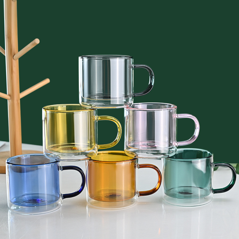 Hot sale high quality borosilicate double wall glass drinking coffee cups colored double wall glass cup mug with handle