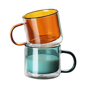 Hot sale high quality borosilicate double wall glass drinking coffee cups colored double wall glass cup mug with handle