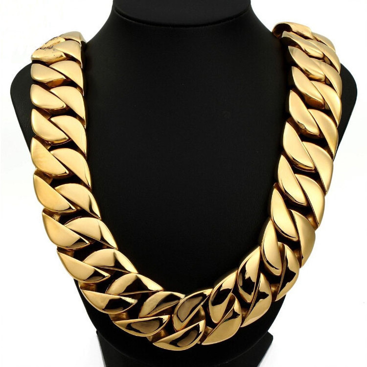 High quality big size 316l stainless steel 18K gold plated heavy hip hop chunky cuban chain men necklace