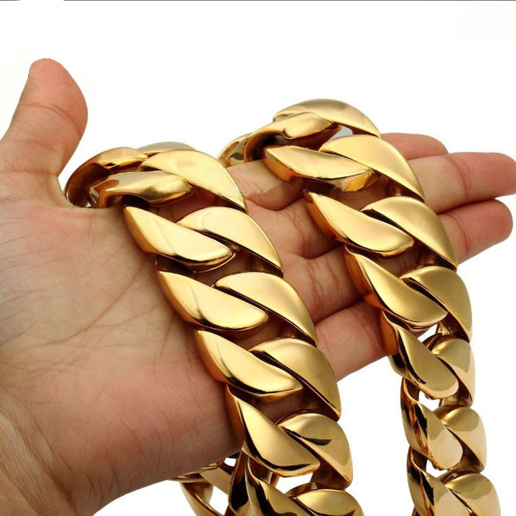 High quality big size 316l stainless steel 18K gold plated heavy hip hop chunky cuban chain men necklace