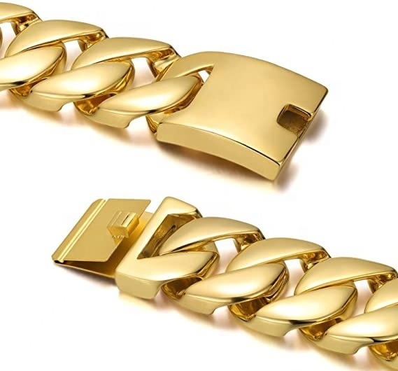 High quality big size 316l stainless steel 18K gold plated heavy hip hop chunky cuban chain men bracelet