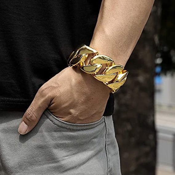 High quality big size 316l stainless steel 18K gold plated heavy hip hop chunky cuban chain men bracelet