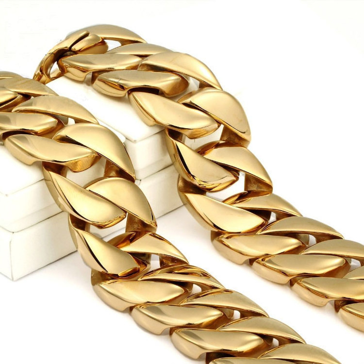 mens 32mm large heavy polished stainless steel 14k 18k 24k gold thick chunky cuban curb chain link necklace