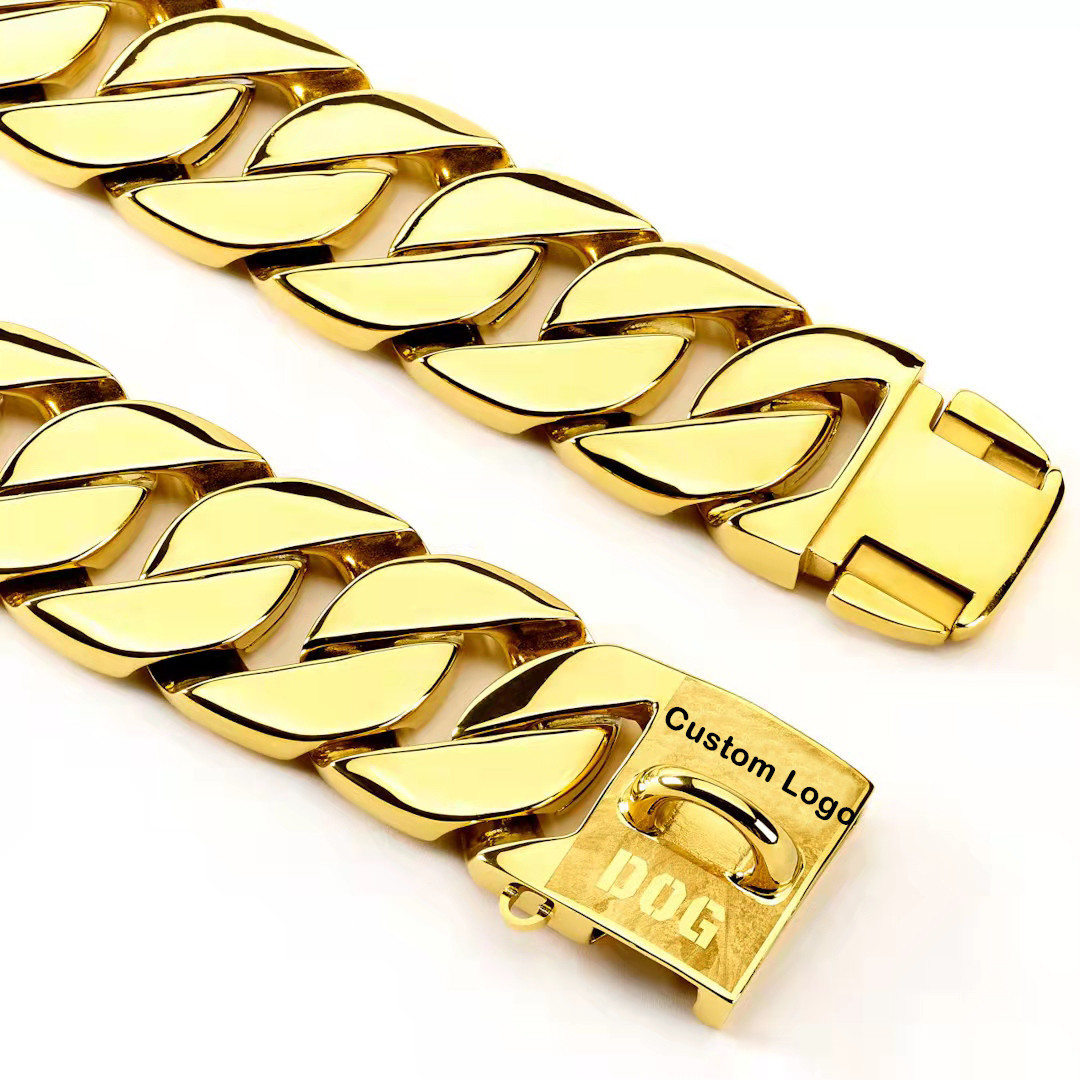 Wholesale pet dog accessories chunky heavy duty big stainless steel metal gold cuban link dog chain dog collar