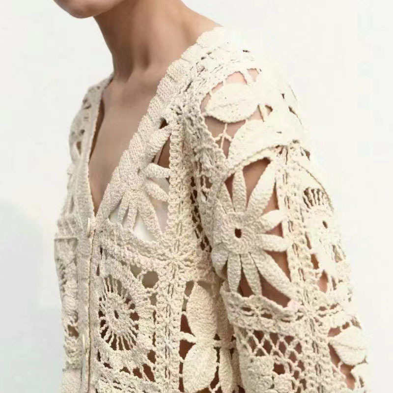 Wholesales Custom Jacquard Flower Crochet Top Handmade Woolen Knitted Pullover Crochet Sweater