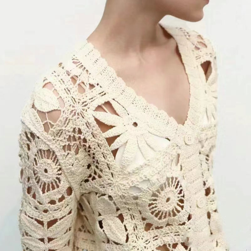 Wholesales Custom Jacquard Flower Crochet Top Handmade Woolen Knitted Pullover Crochet Sweater