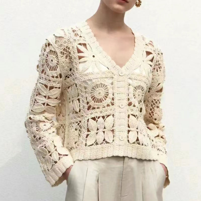 Wholesales Custom Jacquard Flower Crochet Top Handmade Woolen Knitted Pullover Crochet Sweater