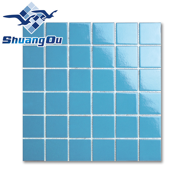 Stock Supply Wholesale 48x48mm Y48B01 Classical Light Blue Mixed Square Glazed Glossy School Swimming Pool Ceramic Tile Mosaic