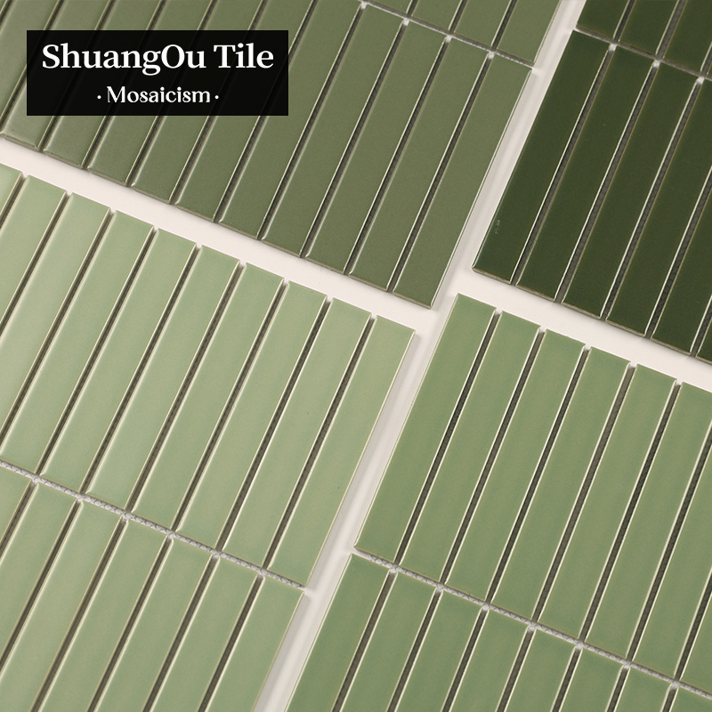 Factory Supply Long Ceramic Green Strip Finger Kit Kat Mosaic Tile Backsplash Bathroom Mosaic Wall Tiles