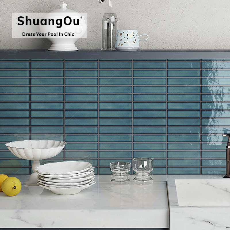 Subway Interior Strip Finger Mosaic Tiles Kitchen Bathroom Backsplash Glazed Blue Black Strip Mosaic