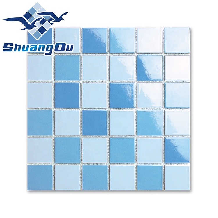 Stock Supply Wholesale 48x48mm Y48B01 Classical Light Blue Mixed Square Glazed Glossy School Swimming Pool Ceramic Tile Mosaic