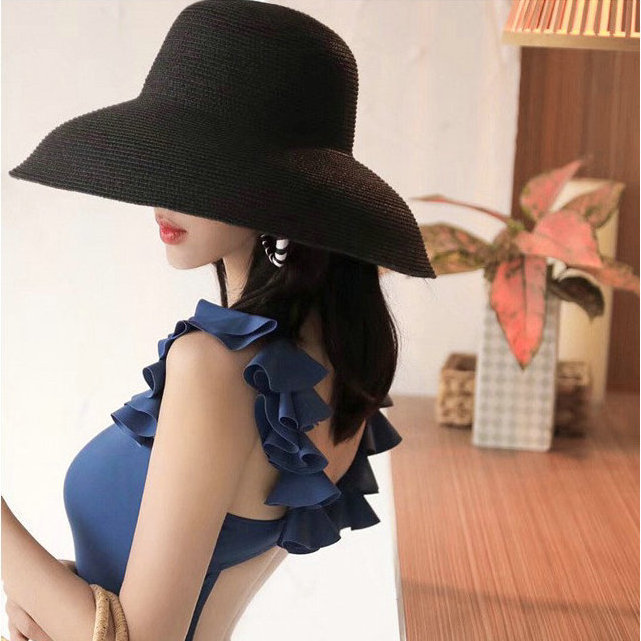 Summer Travel  Hot Popular Vintage French Black Straw Hat Sun Protection Seaside Beach Wide Brim Hat