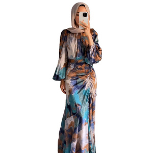 2024 New Arrival Middle East Arab Eid Graffiti Bubble Sleeve Lace-up Long Abaya Dubai Islamic Clothing Muslim Dresses For Women