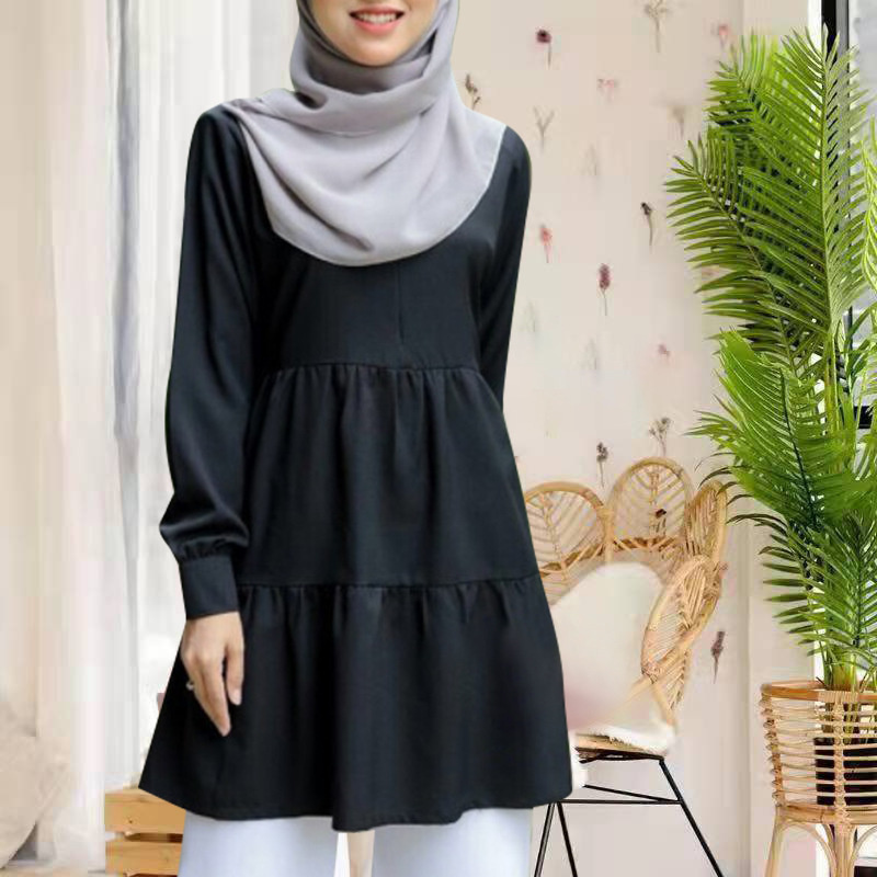 Turkish Islamic Clothing Wholesale Tops For Muslim Women Modest Blouses Shirts Full Casual Woven Long Adults Crew Neck Solid