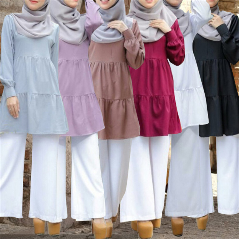 Turkish Islamic Clothing Wholesale Tops For Muslim Women Modest Blouses Shirts Full Casual Woven Long Adults Crew Neck Solid