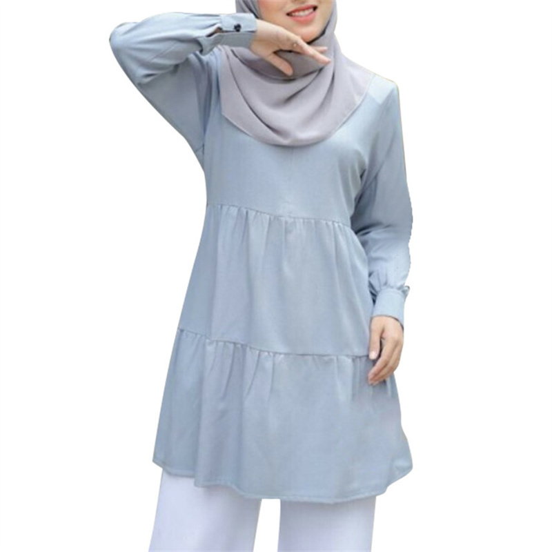 Turkish Islamic Clothing Wholesale Tops For Muslim Women Modest Blouses Shirts Full Casual Woven Long Adults Crew Neck Solid