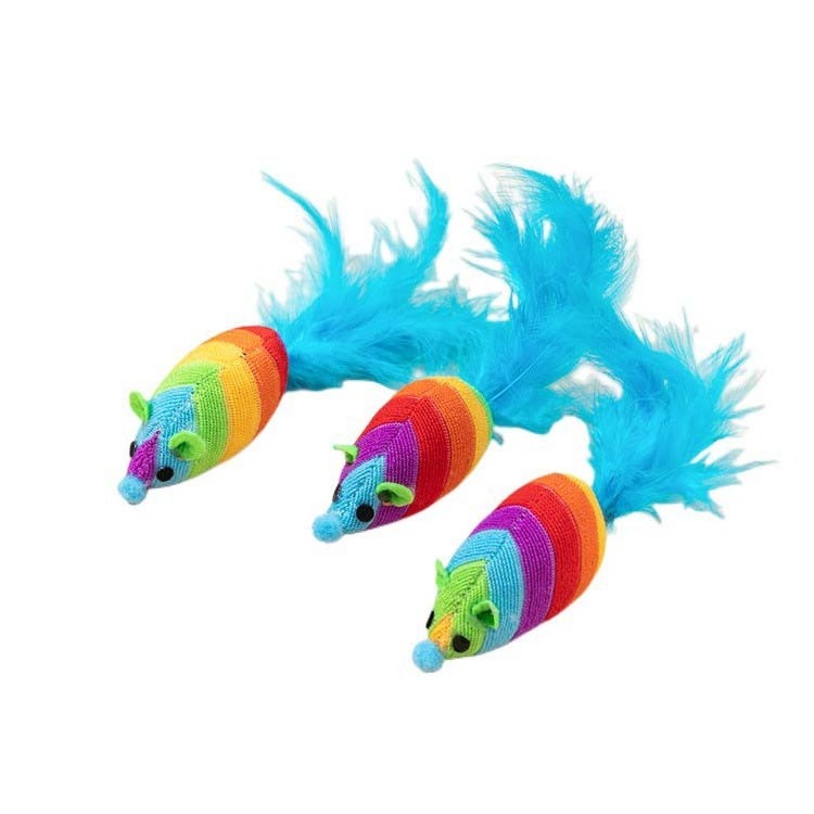 Factory direct supply colorful plush mouse with blue feather long tail interactive cat toy