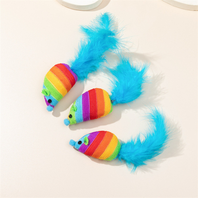 Factory direct supply colorful plush mouse with blue feather long tail interactive cat toy