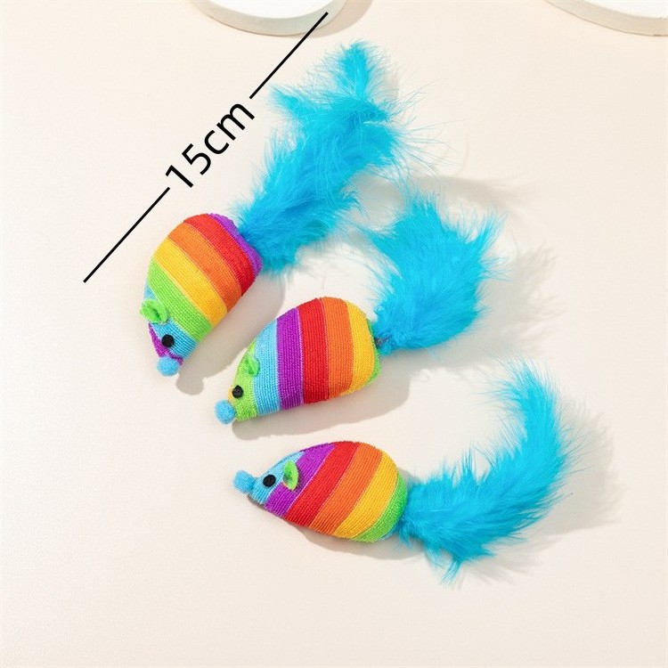 Factory direct supply colorful plush mouse with blue feather long tail interactive cat toy