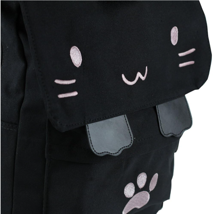 Black College Cute Cat Embroidery Canvas School Backpack Bags for Kids Kitty Cat Cartoon Backpack