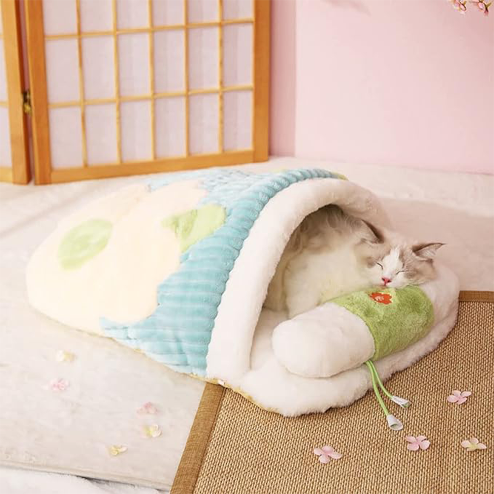 Skin-friendly Soft Warm Cozy Floral Pattern Pet Nest Sakura Cat Sleeping Bag for Small Sized Animals