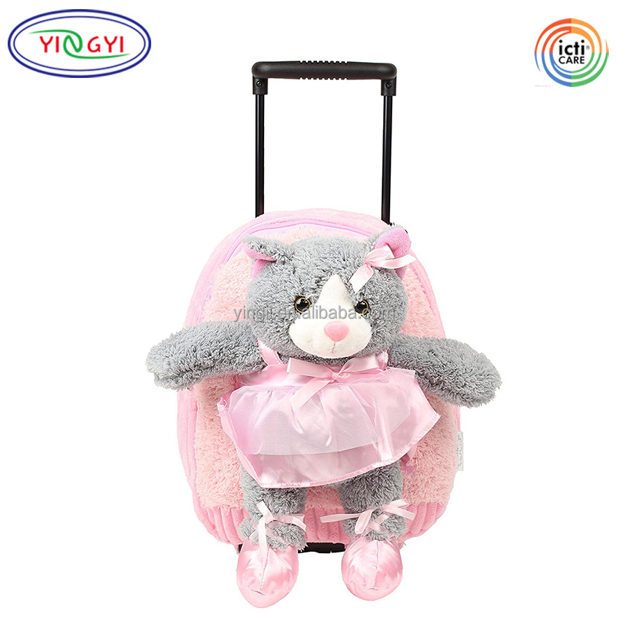 F467 Cute Soft Plush Detachable Kitten Ballet Trolley Luggage Corduroy Cat Animal Print Luggage