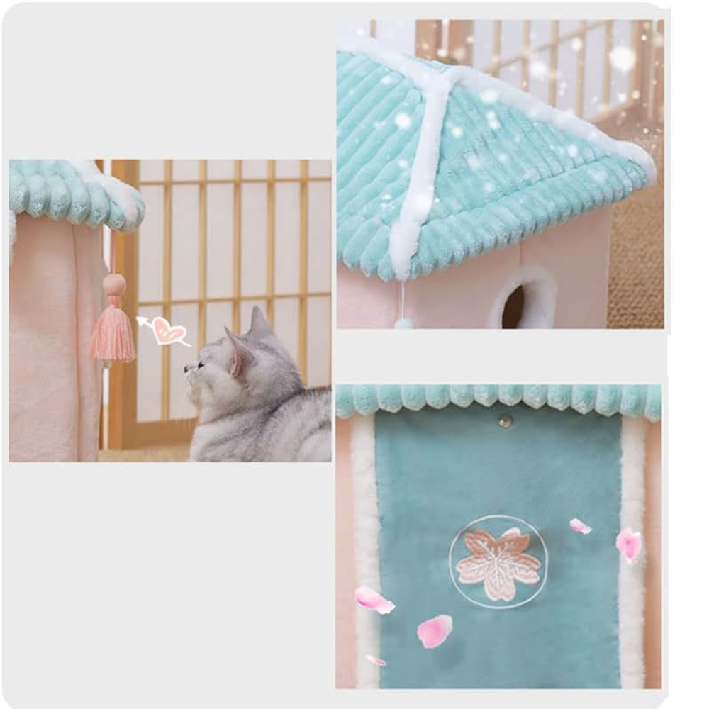 A077 Sakura Cat House Sleeping Bag with Pillow Cute Washable Calming Cozy Dog Tent Bed Pink House Blue Door Plush Pet Bed