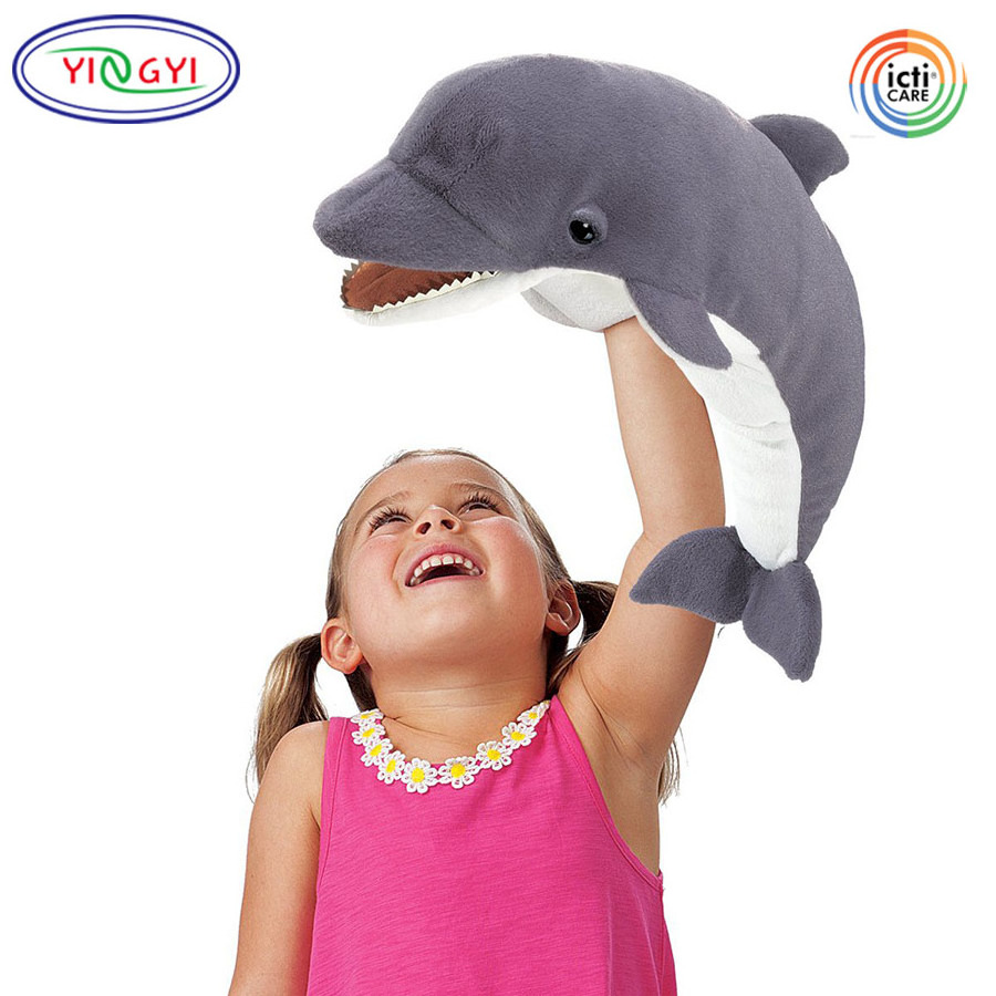 G185 Customized Big Mouth Plush Dolphin Anime Hand Puppet Pretend Play Dolphin Hand Puppet