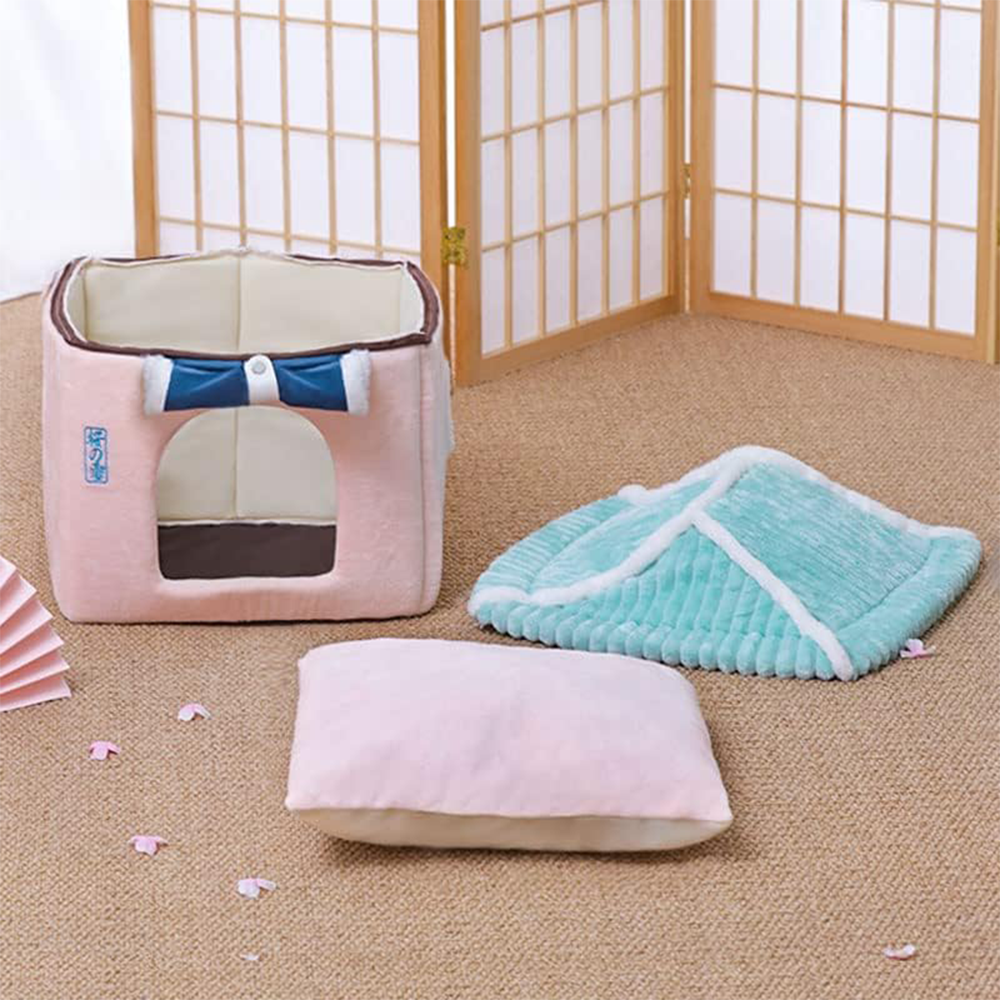 A077 Sakura Cat House Sleeping Bag with Pillow Cute Washable Calming Cozy Dog Tent Bed Pink House Blue Door Plush Pet Bed