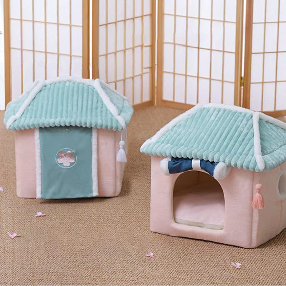 A077 Sakura Cat House Sleeping Bag with Pillow Cute Washable Calming Cozy Dog Tent Bed Pink House Blue Door Plush Pet Bed