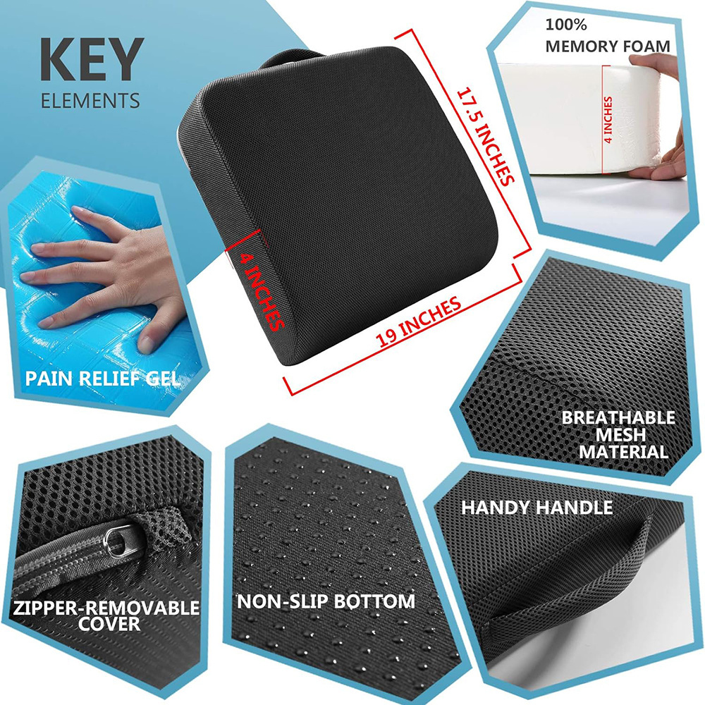 A108 Extra Thick Large Seat Cushion Gel Memory Foam Carry Handle Non Slip Bottom Pain Relief Coccyx High Density Foam Cushion