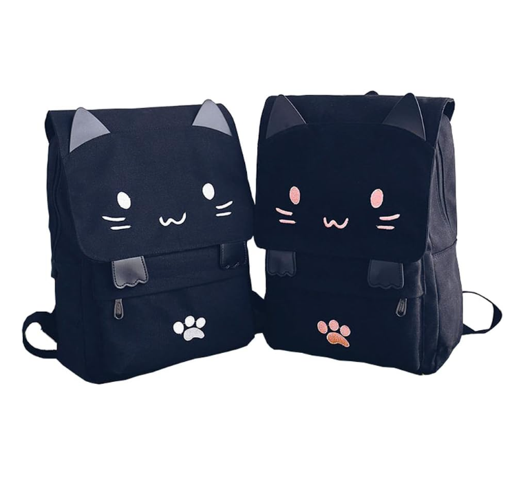 Black College Cute Cat Embroidery Canvas School Backpack Bags for Kids Kitty Cat Cartoon Backpack