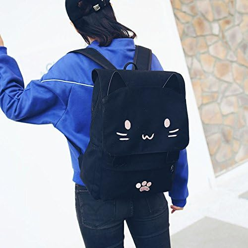 Black College Cute Cat Embroidery Canvas School Backpack Bags for Kids Kitty Cat Cartoon Backpack