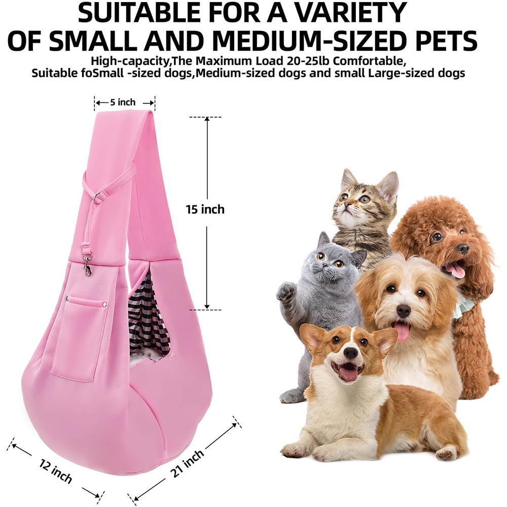 Hand-Free Travel Safety Harness Cat Carry Bag Reversible Dog Carrier Purse with Storage Pocket Pink Multi-purpose Pet Sling Bag