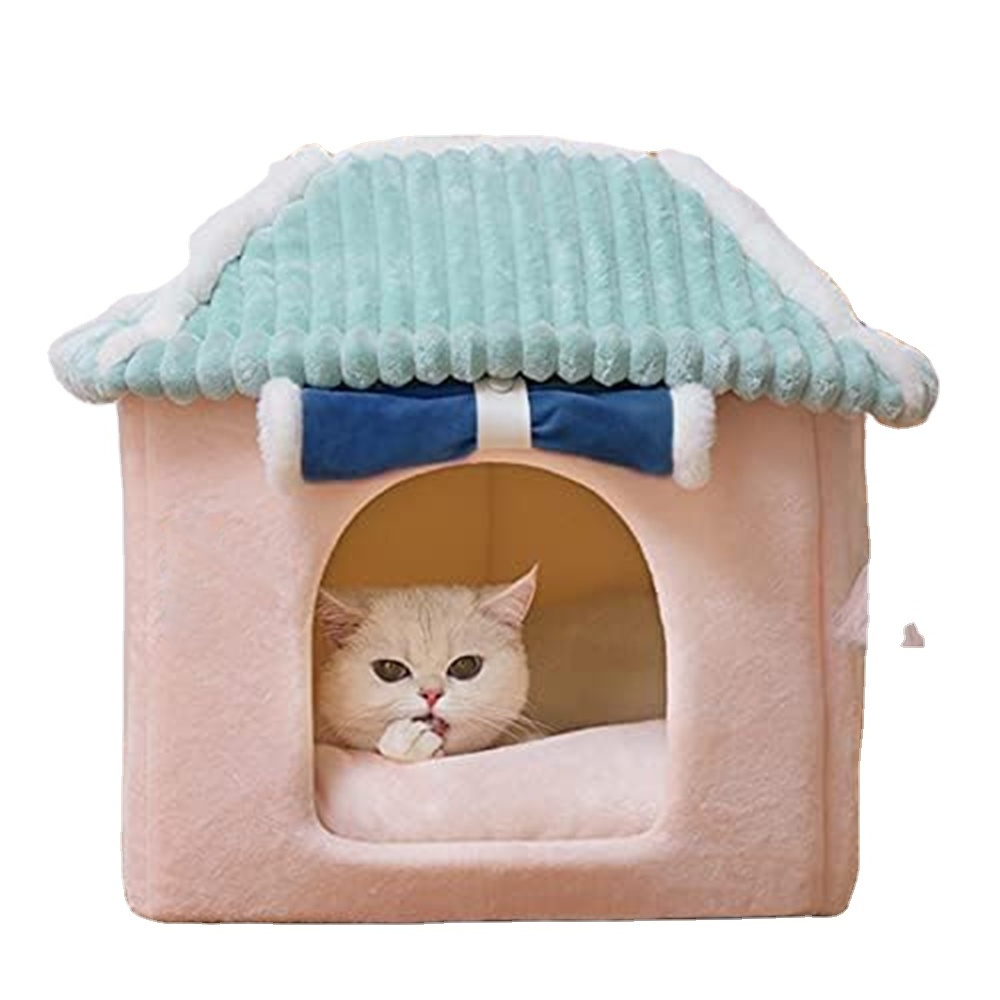 A077 Sakura Cat House Sleeping Bag with Pillow Cute Washable Calming Cozy Dog Tent Bed Pink House Blue Door Plush Pet Bed