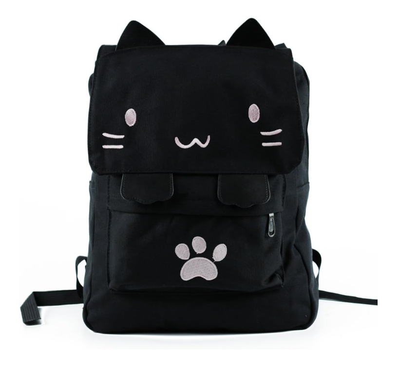 Black College Cute Cat Embroidery Canvas School Backpack Bags for Kids Kitty Cat Cartoon Backpack