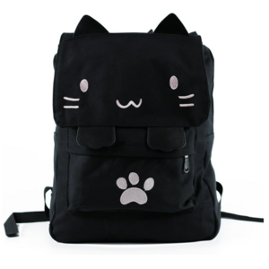 Black College Cute Cat Embroidery Canvas School Backpack Bags for Kids Kitty Cat Cartoon Backpack