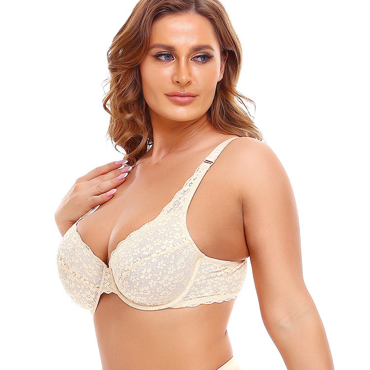 Lace thin cup bra with steel ring Adjustable wide strap Gathering Thin Section Breast brattle plus size bra