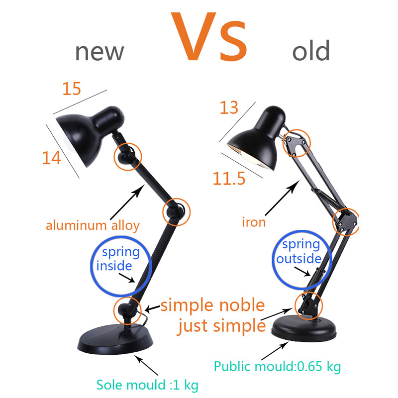 Yinke Swing Arm Desk Lamp with Clamp Reading Light Clip-on Desk Lamp for Computer 10 Metal Aluminum Classic AC Dome E27 BULB