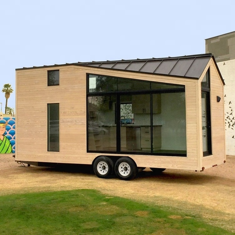 China mobile shipping container homes wooden movable prefabricated green modular wheels tiny trailer house