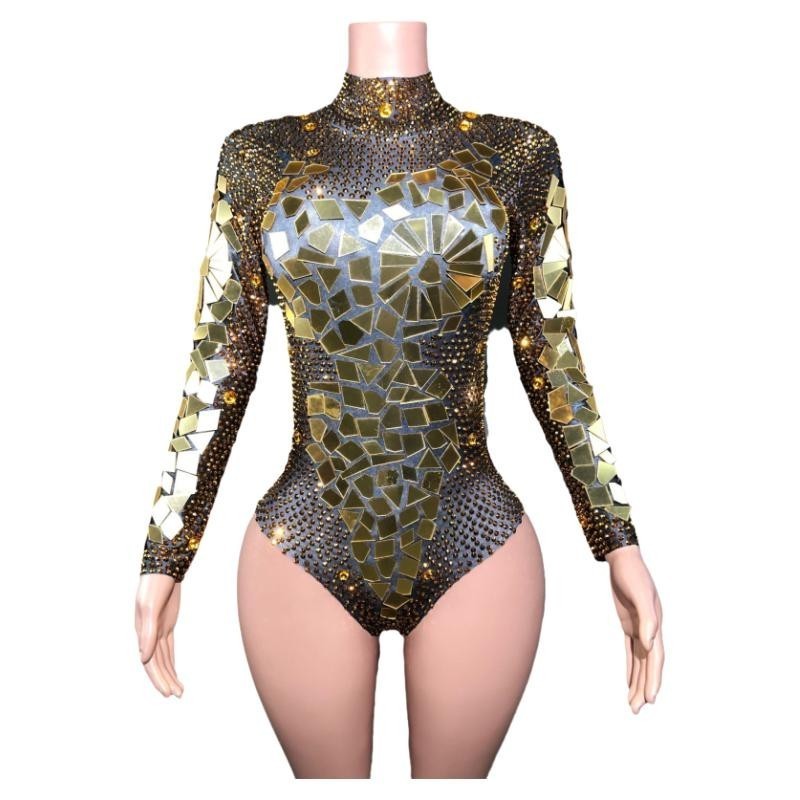 Sexy sequin rhinestone mirror costume  nightclub gogo zippered long sleeved tight fitting jumpsuit