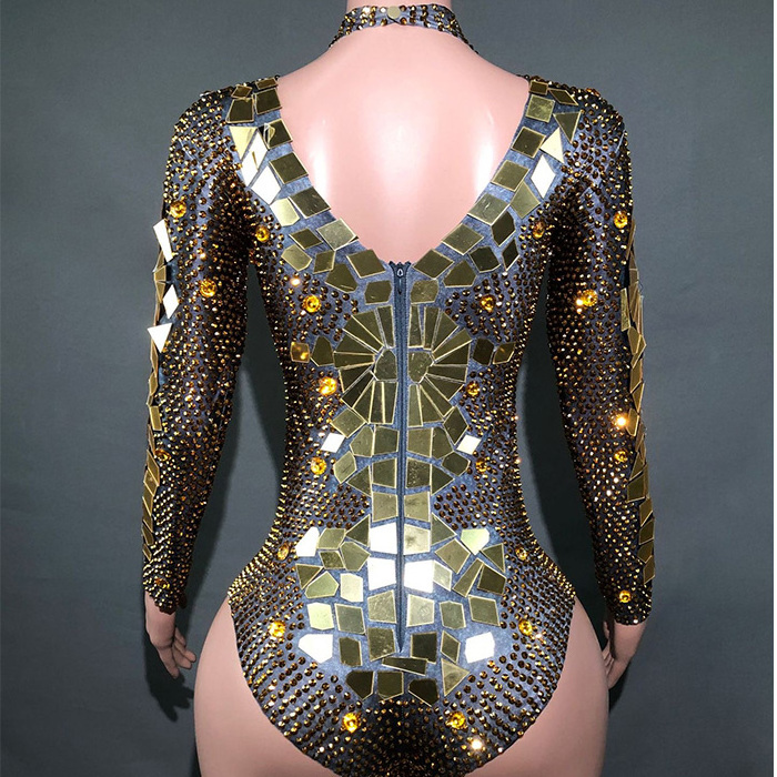 Sexy sequin rhinestone mirror costume  nightclub gogo zippered long sleeved tight fitting jumpsuit