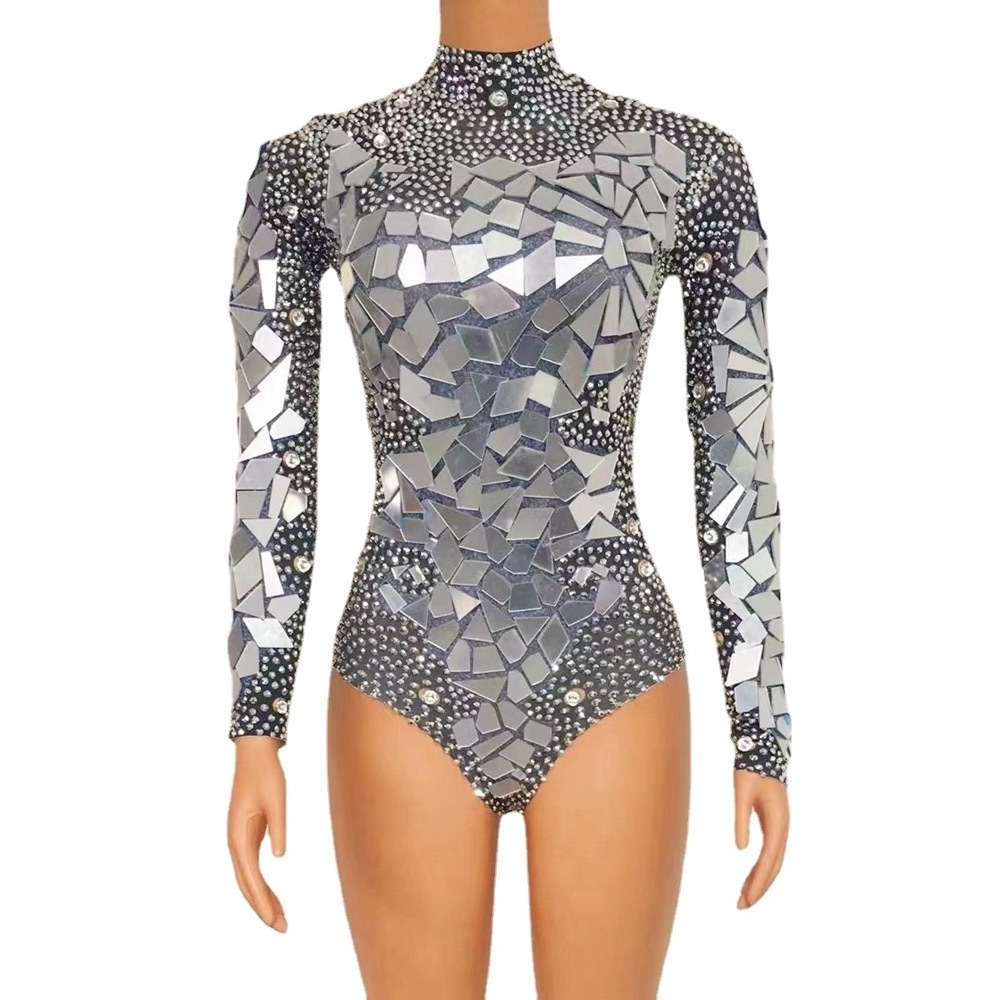 Sexy sequin rhinestone mirror costume  nightclub gogo zippered long sleeved tight fitting jumpsuit