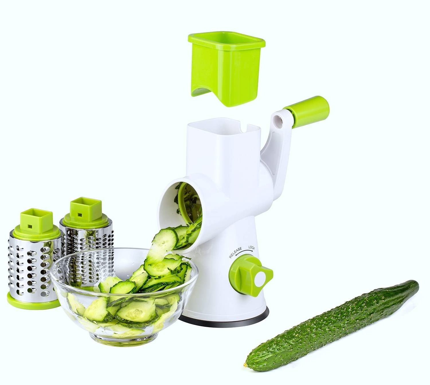 Rotary Cheese Grater - Round Vegetable Mandoline Slicer with 3 Drum Stainless Steel Blades, Dishwasher Safe, Super Vacuum Suctio